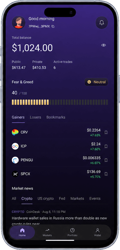 The Wisp home screen, showing total balance, open trade count, a fear and greed gauge, the day's biggest movers with live prices, and market news.